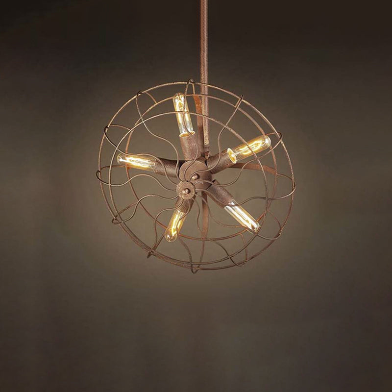 Fan Shape Farmhouse Ceiling Light with Wire Frame Rustic Wrought Iron 5 Bulbs Dark Rust Chandelier Lamp
