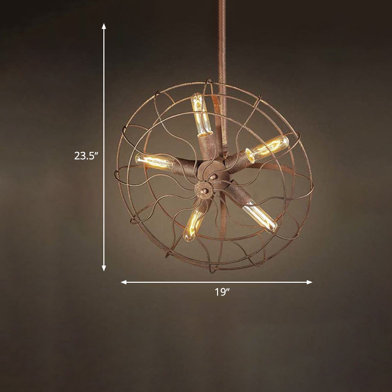 Fan Shape Farmhouse Ceiling Light with Wire Frame Rustic Wrought Iron 5 Bulbs Dark Rust Chandelier Lamp