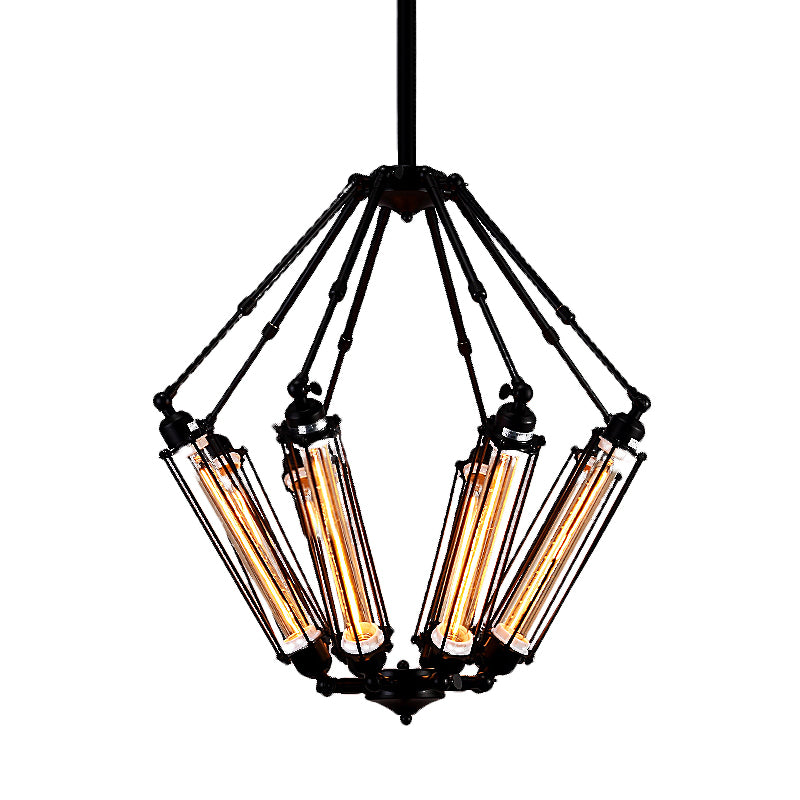Tube Cage Metal Pendant Ceiling Lamp Industrial Style 4 Lights Indoor Chandelier Light Fixture in Black