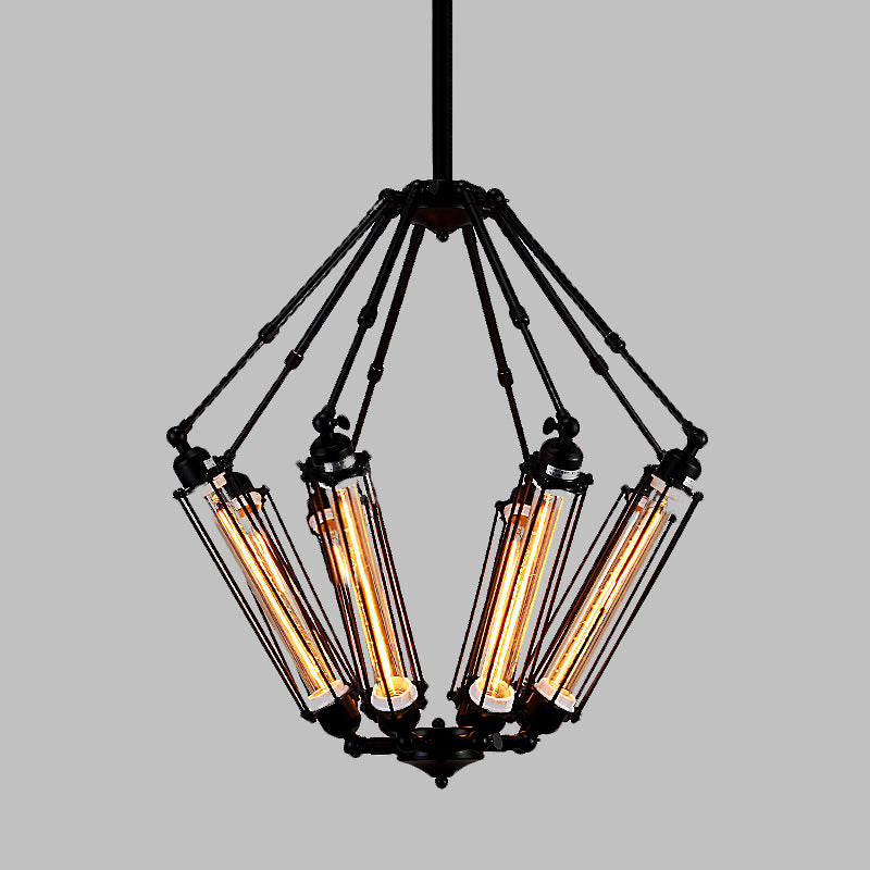 Tube Cage Metal Pendant Ceiling Lamp Industrial Style 4 Lights Indoor Chandelier Light Fixture in Black