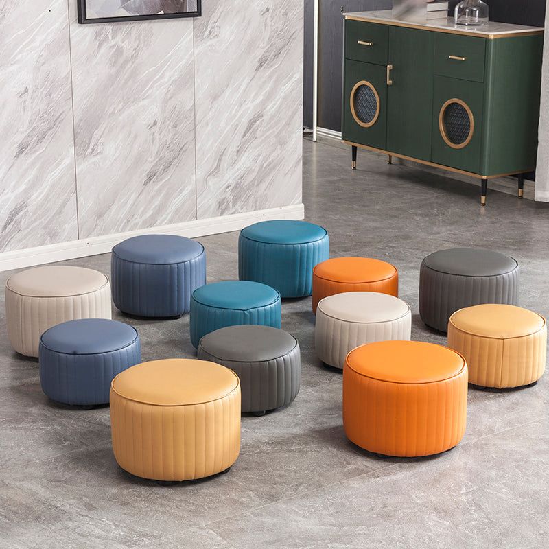 Contemporary Pouf Ottoman Genuine Leather Upholstered Solid Color Cylinder Shape Ottoman