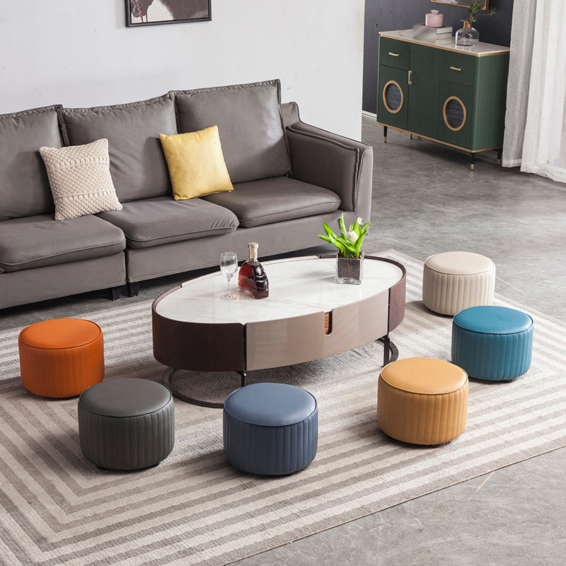 Contemporary Pouf Ottoman Genuine Leather Upholstered Solid Color Cylinder Shape Ottoman