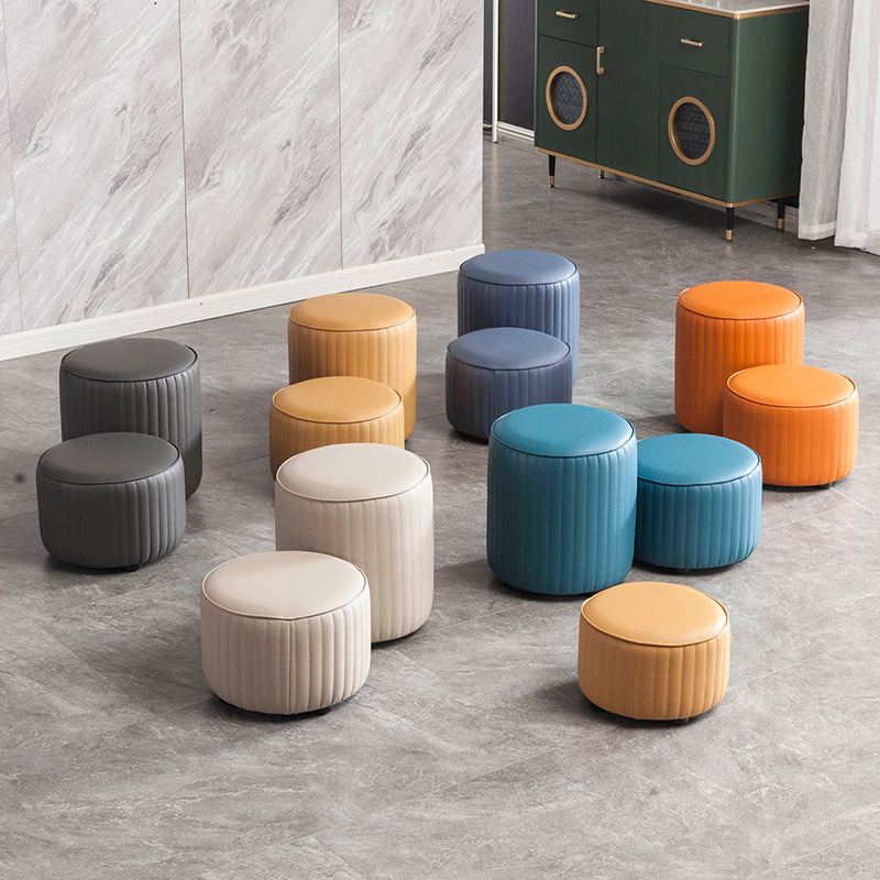 Contemporary Pouf Ottoman Genuine Leather Upholstered Solid Color Cylinder Shape Ottoman