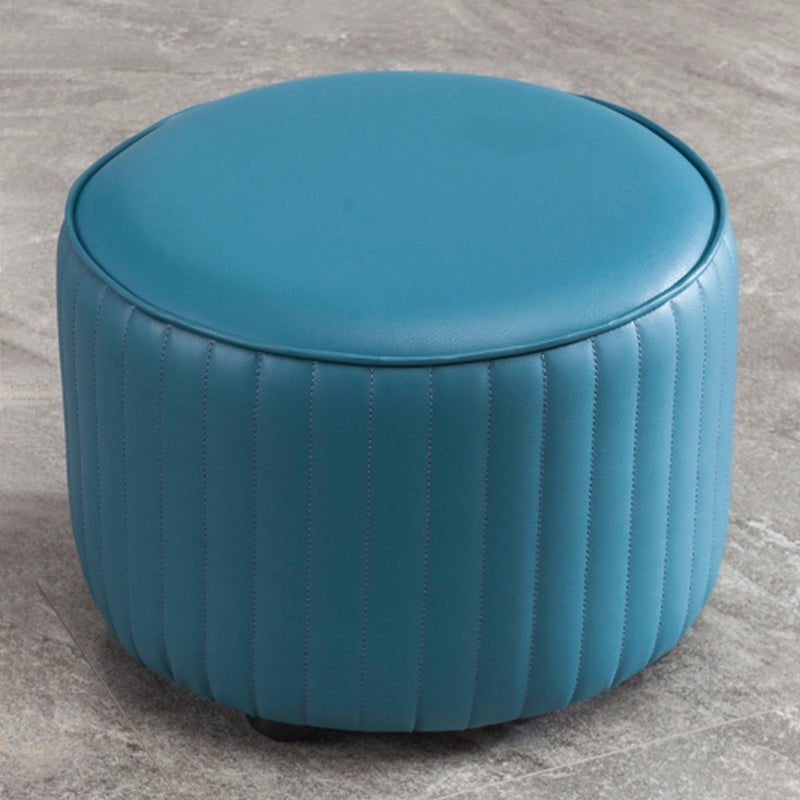 Contemporary Pouf Ottoman Genuine Leather Upholstered Solid Color Cylinder Shape Ottoman