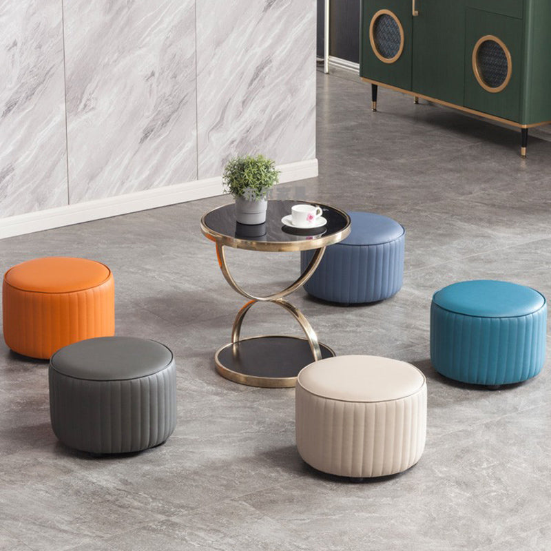 Contemporary Pouf Ottoman Genuine Leather Upholstered Solid Color Cylinder Shape Ottoman