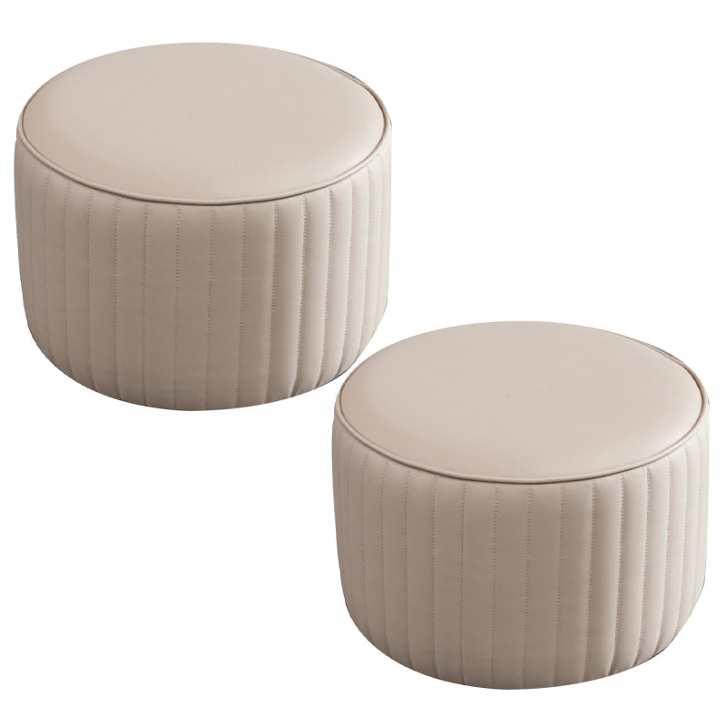 Contemporary Pouf Ottoman Genuine Leather Upholstered Solid Color Cylinder Shape Ottoman