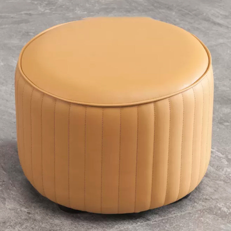 Contemporary Pouf Ottoman Genuine Leather Upholstered Solid Color Cylinder Shape Ottoman