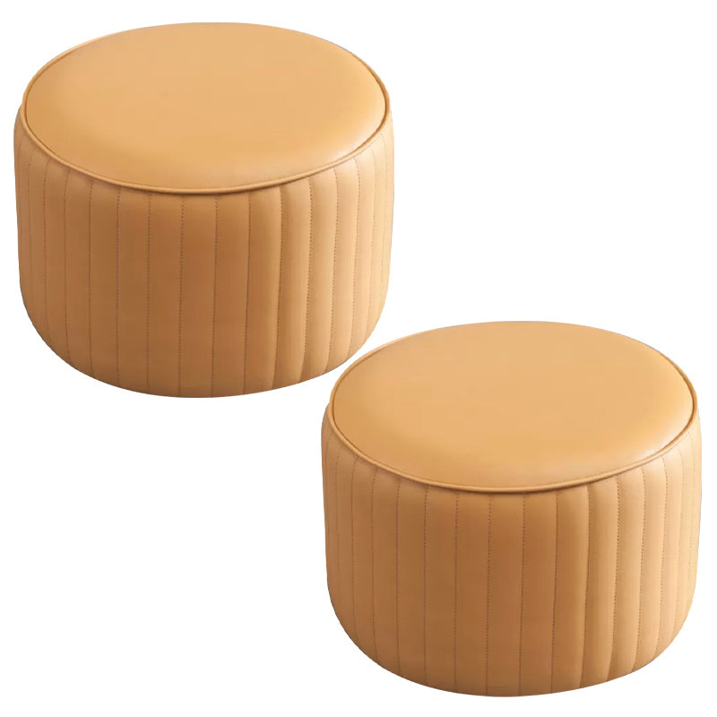 Contemporary Pouf Ottoman Genuine Leather Upholstered Solid Color Cylinder Shape Ottoman