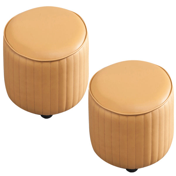 Contemporary Pouf Ottoman Genuine Leather Upholstered Solid Color Cylinder Shape Ottoman