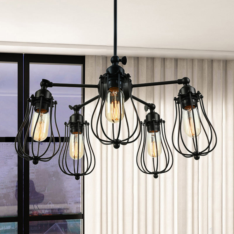 18"/25.5" W 5 Lights Chandelier Lighting Farmhouse Wire Cage Iron Ceiling Light Fixture with Bulb Shade in Black