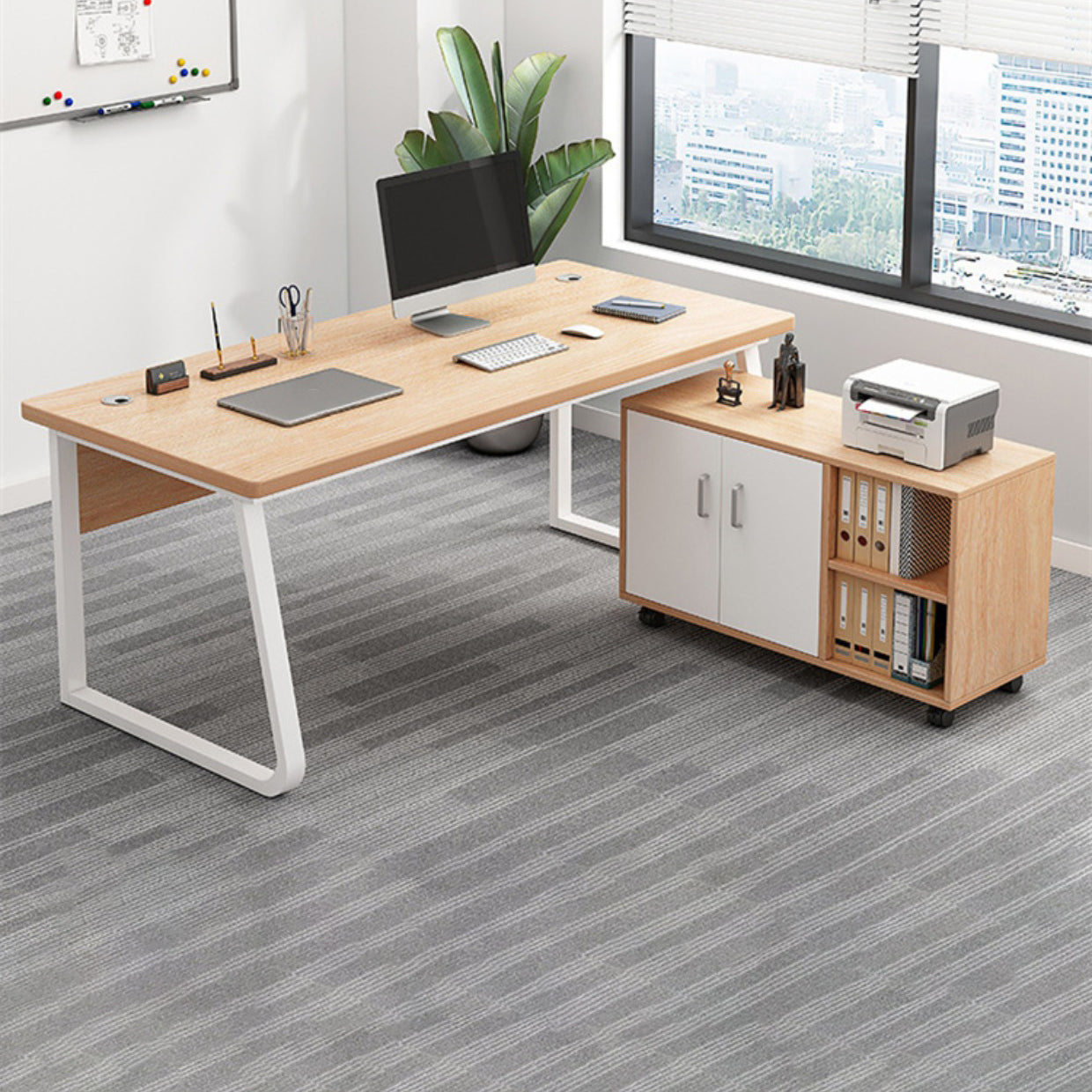 Industrial Cable Management L-Shape Executive Desk Natural Office Desk with Metal Legs