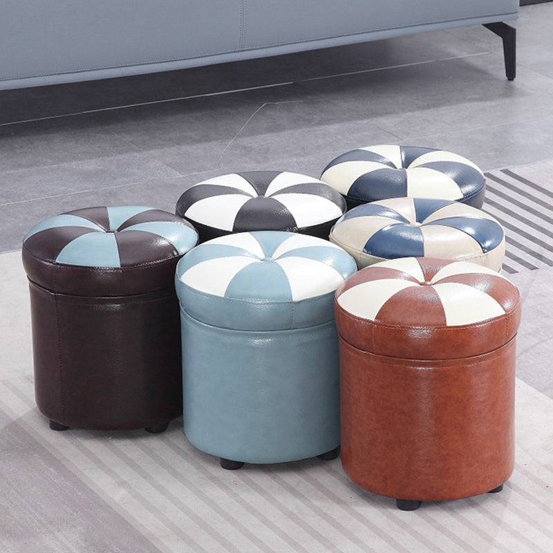 Modern Pouf Ottoman Faux Leather Tufted Geometric Printed Cylinder Shape Ottoman