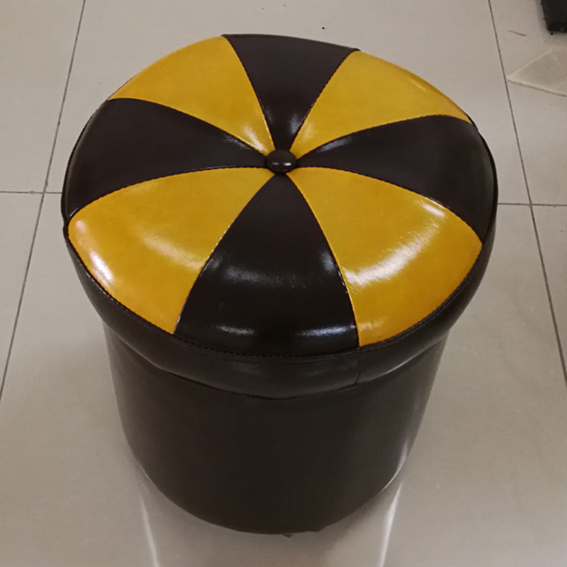 Modern Pouf Ottoman Faux Leather Tufted Geometric Printed Cylinder Shape Ottoman