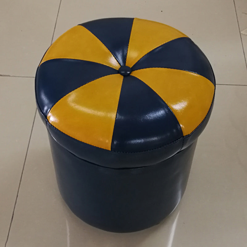 Modern Pouf Ottoman Faux Leather Tufted Geometric Printed Cylinder Shape Ottoman