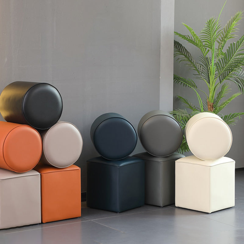 Contemporary Pouf Ottoman Genuine Leather Upholstered Solid Color Ottoman