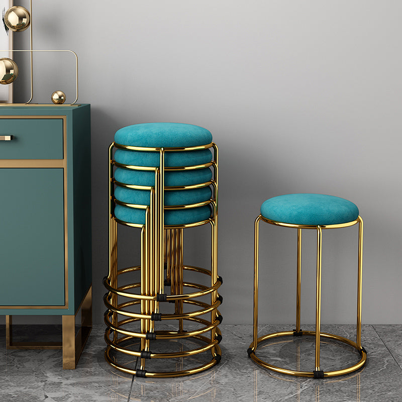 Velvet Upholstered Ottoman Solid Color Round Contemporary Metal Frame Ottoman