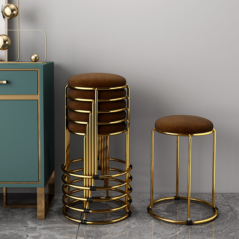 Velvet Upholstered Ottoman Solid Color Round Contemporary Metal Frame Ottoman