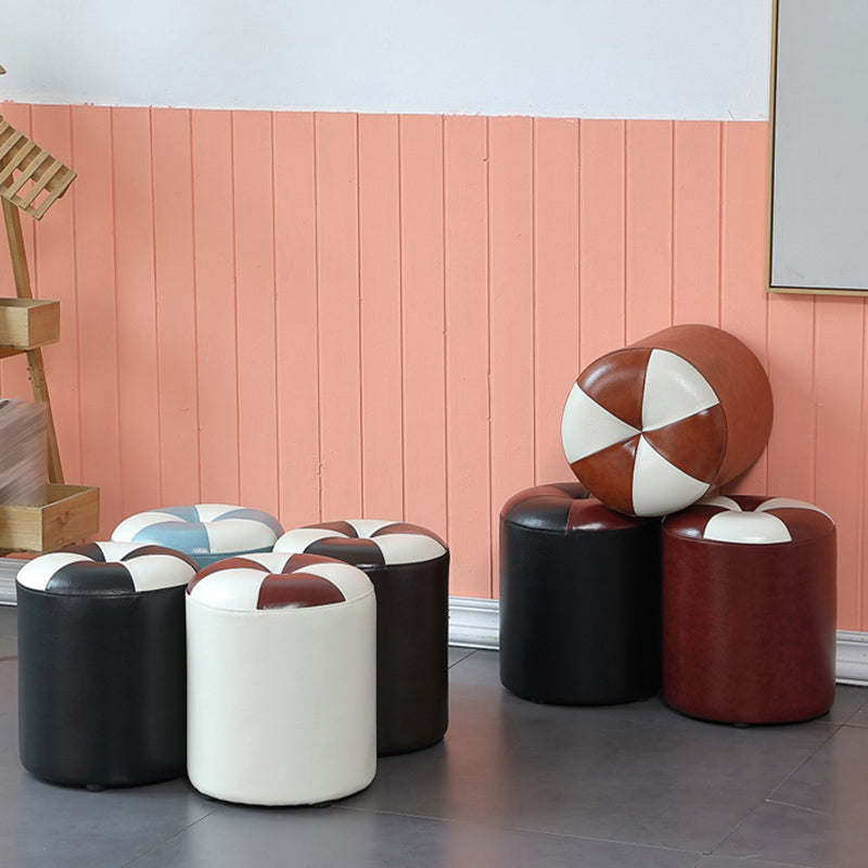 Modern Pouf Ottoman Genuine Leather Upholstered Tufted Cylinder Shape Ottoman