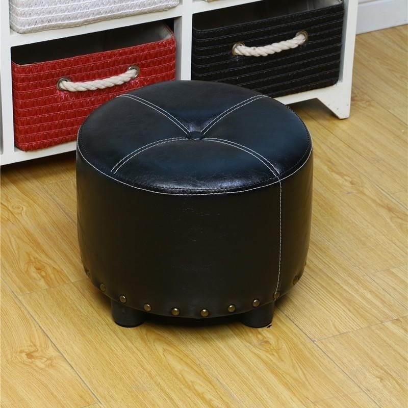 Cylinder Pouf Pure Color Tufted Nailhead Trim Faux Leather Standard Ottoman