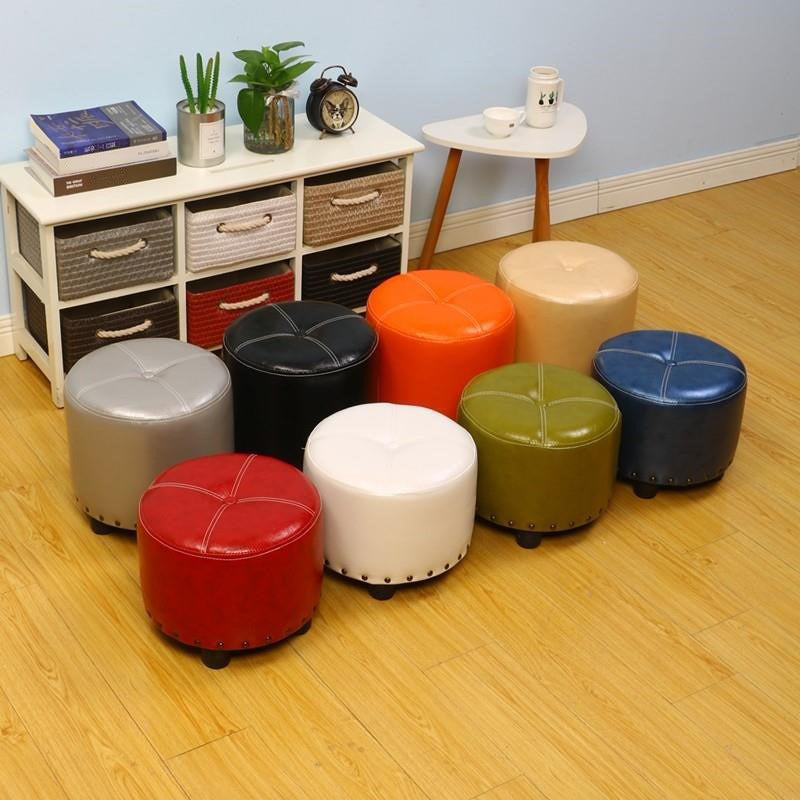 Cylinder Pouf Pure Color Tufted Nailhead Trim Faux Leather Standard Ottoman