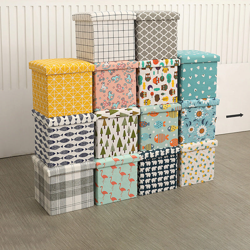 Modern Blue Square Ottoman Trees Pattern Cotton Indoor Ottoman