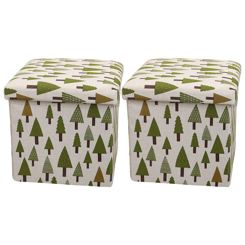 Modern Blue Square Ottoman Trees Pattern Cotton Indoor Ottoman