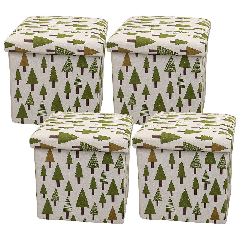 Modern Blue Square Ottoman Trees Pattern Cotton Indoor Ottoman