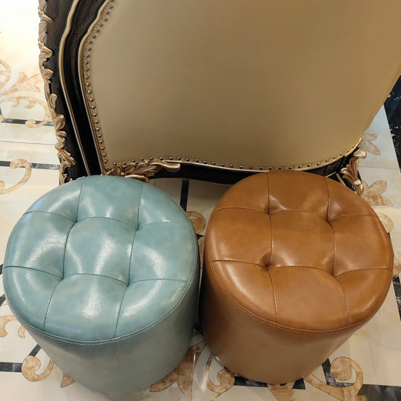 Modern Pouf Ottoman Genuine Leather Tufted Upholstered Solid Color Ottoman