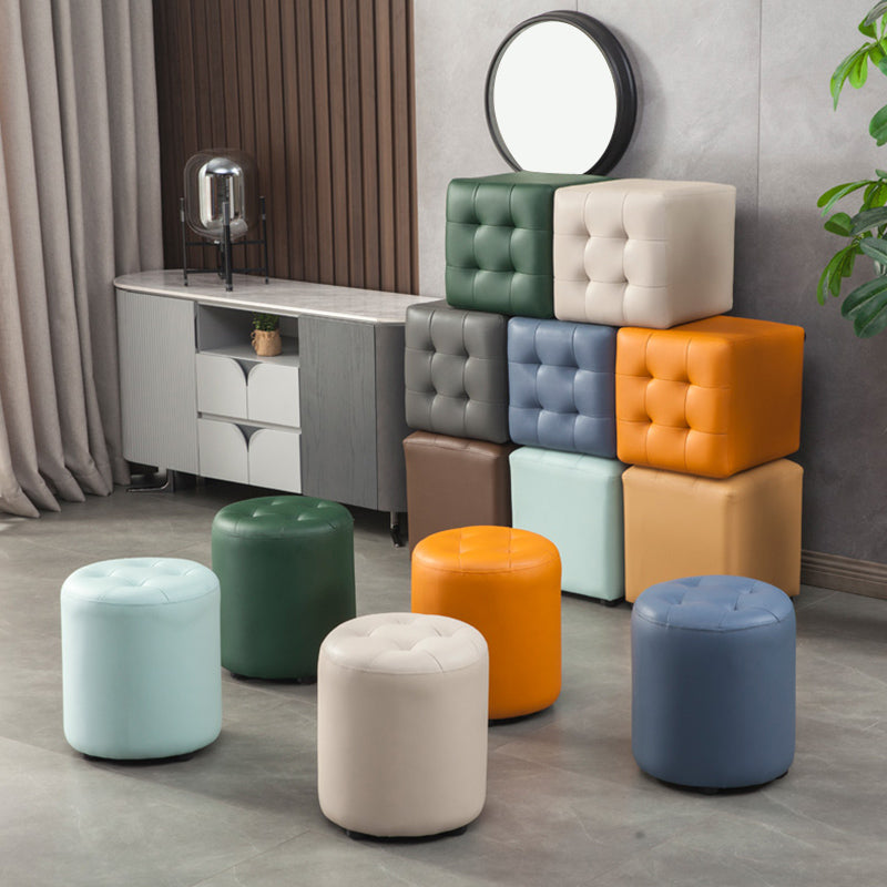 Contemporary Pouf Ottoman Genuine Leather Tufted Upholstered Solid Color Ottoman