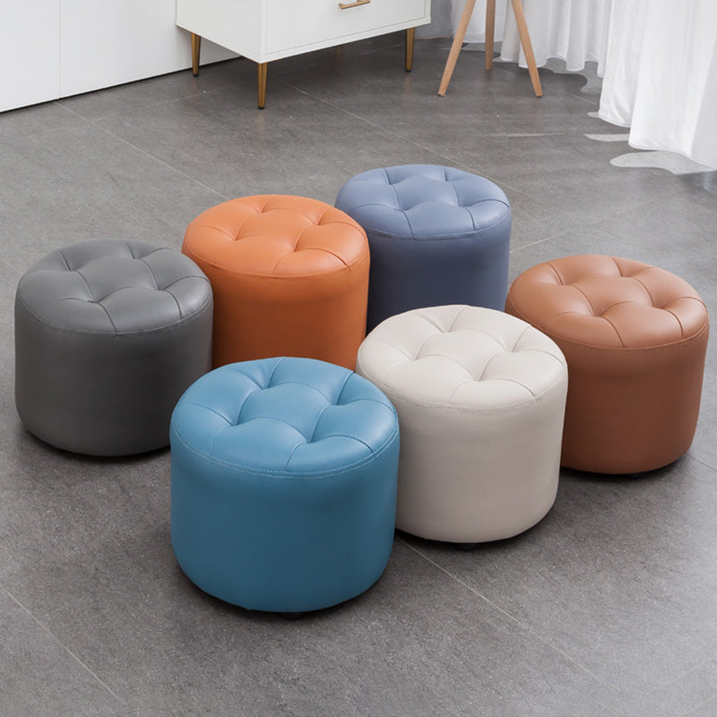 Mid-Century Modern Pouf Ottoman Genuine Leather Upholstered Tufted Round Ottoman