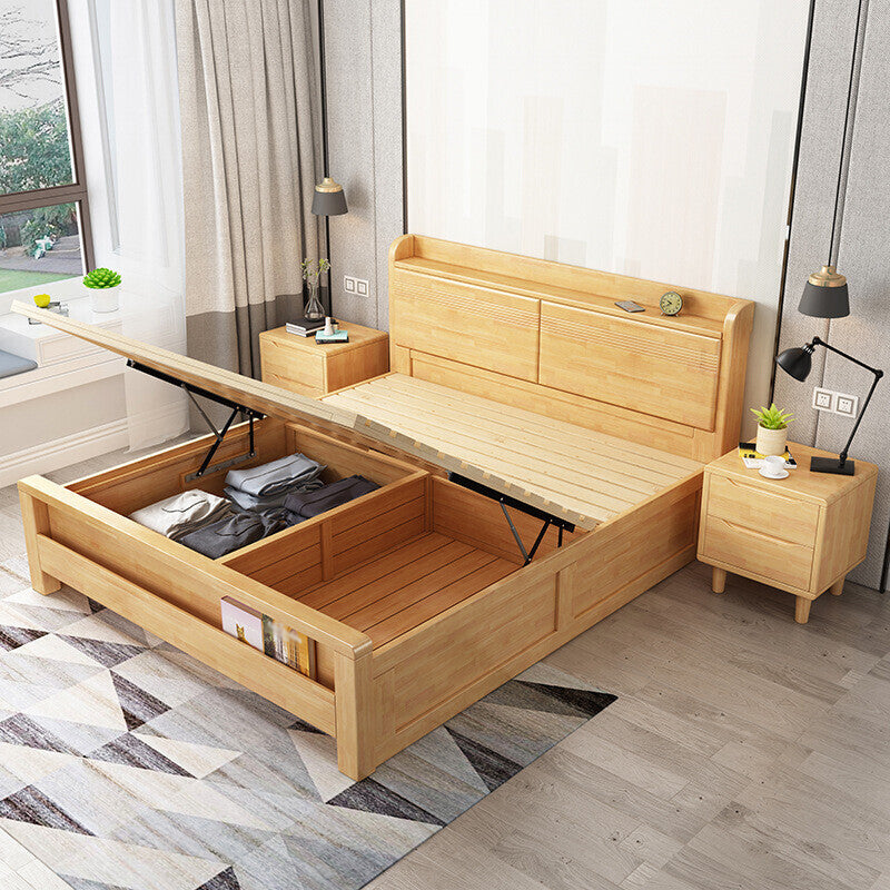 84.65 inch Wide Traditional Panel Bed Rubberwood Bed Frame with Headboard