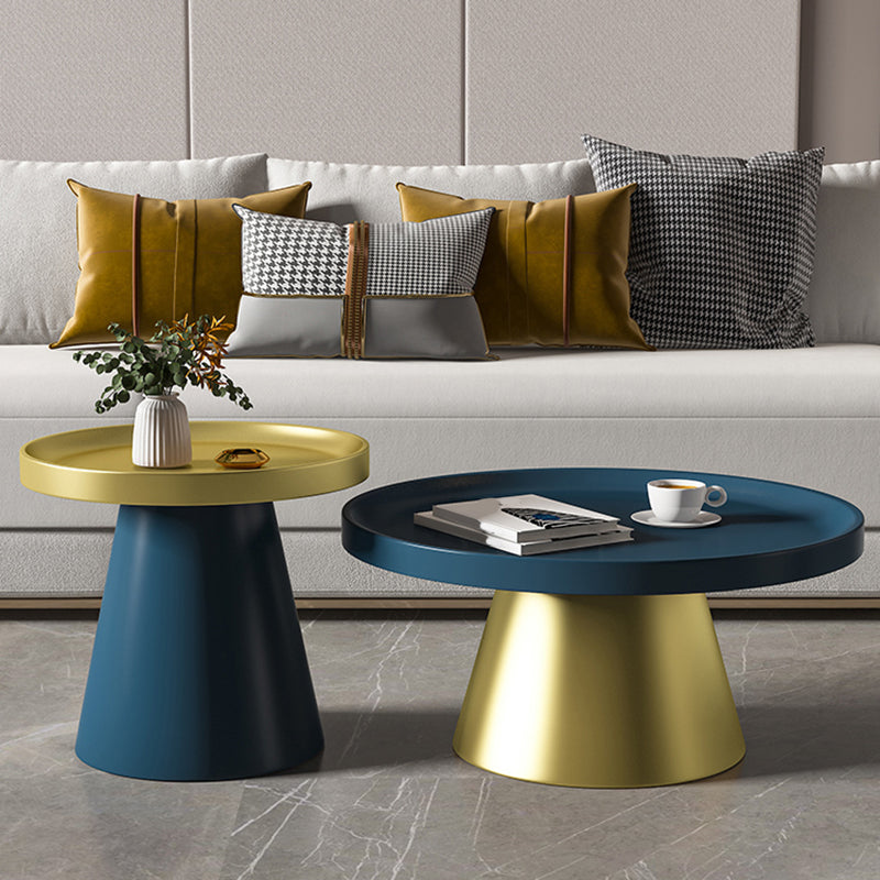 Mid-Century Modern Iron Coffee Table Round Tray Top Cocktail Table Set