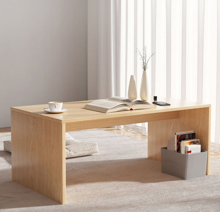 Brown Rectangular Coffee Table Sled Base Wooden Cocktail Table