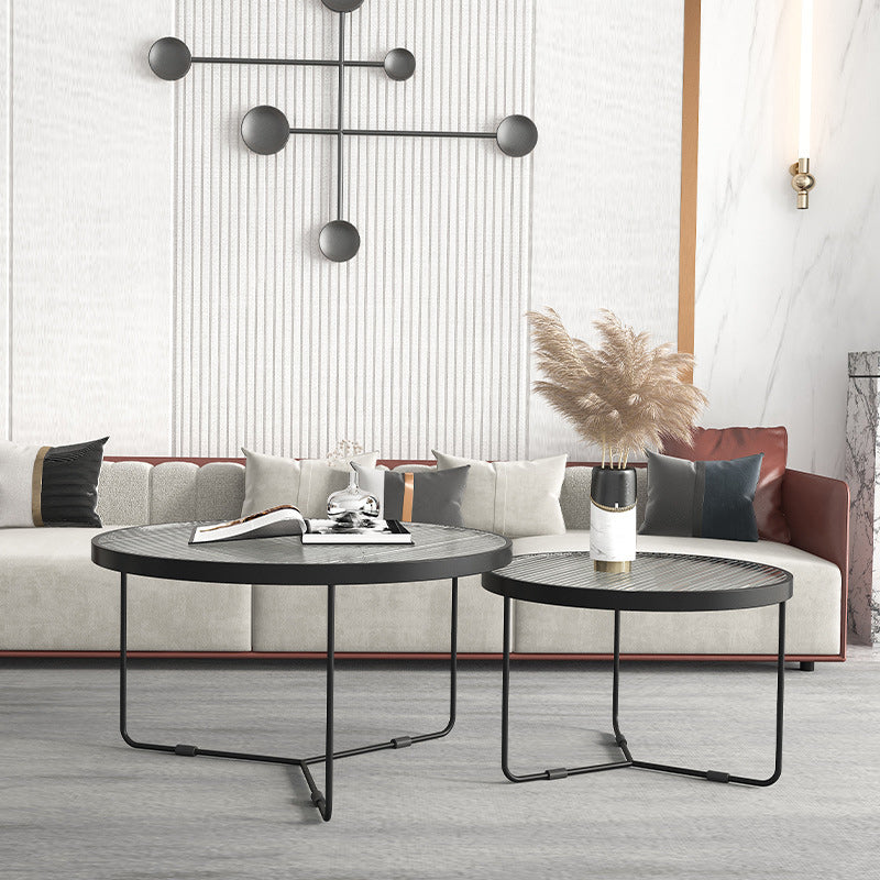 Round Clear Glass Cocktail Table Set Contemporary Cross Legs Coffee Table in Black