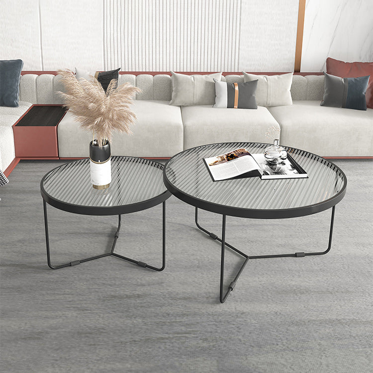 Round Clear Glass Cocktail Table Set Contemporary Cross Legs Coffee Table in Black