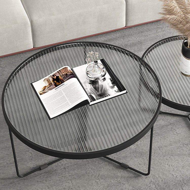 Round Clear Glass Cocktail Table Set Contemporary Cross Legs Coffee Table in Black