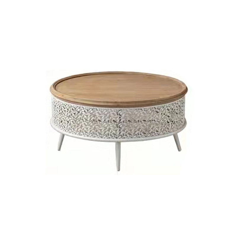 French Country Round Distressed Coffee Table Solid Wood Cocktail Table