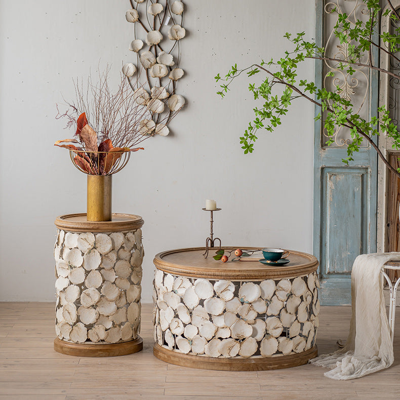 Drum Shaped Coffee Table French Country Distressed Wood Cocktail Table