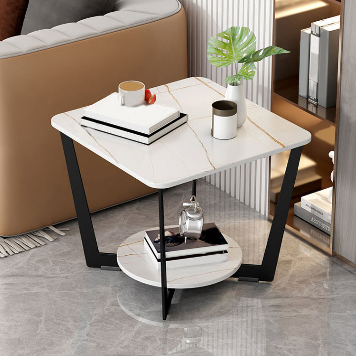 Contemporary Cross Legs End Table Square Slate Top End Table with Shelf