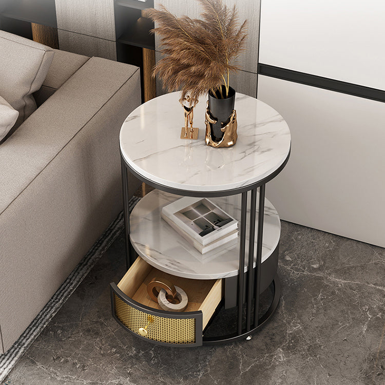 Contemporary Slate Top Round Side End Table Frame End Table with Drawer