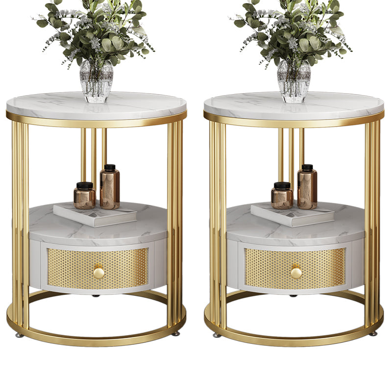 Contemporary Slate Top Round Side End Table Frame End Table with Drawer