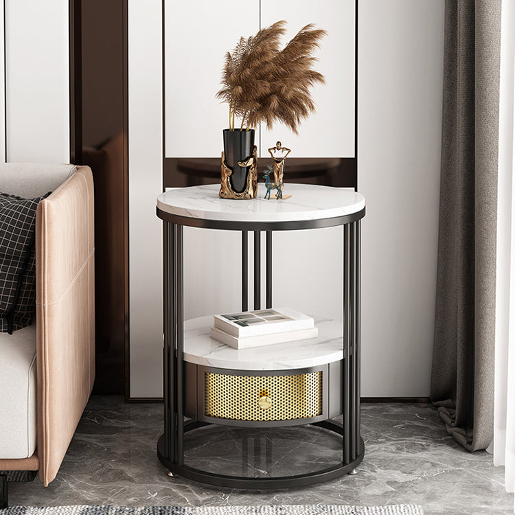 Contemporary Slate Top Round Side End Table Frame End Table with Drawer