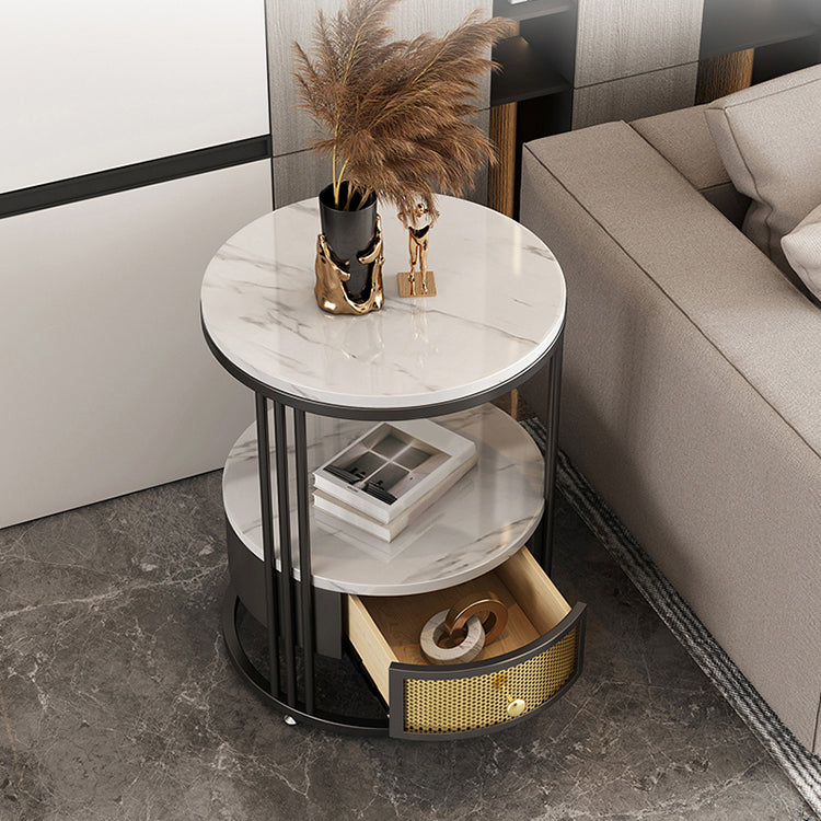Contemporary Slate Top Round Side End Table Frame End Table with Drawer