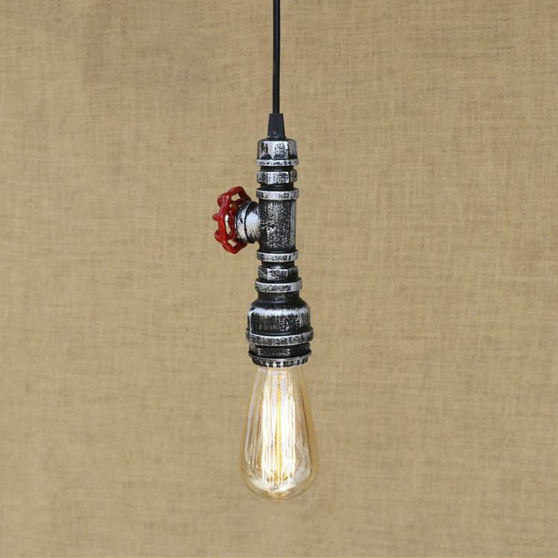 Farmhouse -Style -Rohrhänge -Lampe 1 Glühbirne Schmiedeeisen -Hangleuchte mit rotem Ventil in Schwarz/Silber/Messing