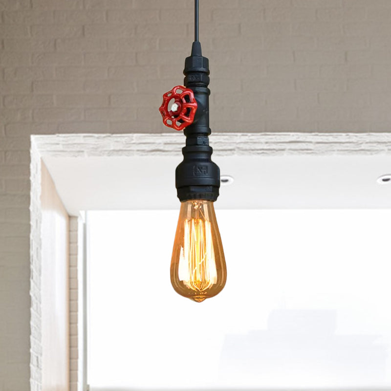 Farmhouse -Style -Rohrhänge -Lampe 1 Glühbirne Schmiedeeisen -Hangleuchte mit rotem Ventil in Schwarz/Silber/Messing