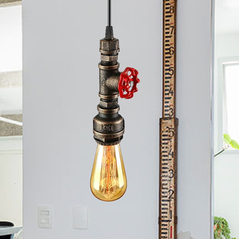 Farmhouse -Style -Rohrhänge -Lampe 1 Glühbirne Schmiedeeisen -Hangleuchte mit rotem Ventil in Schwarz/Silber/Messing