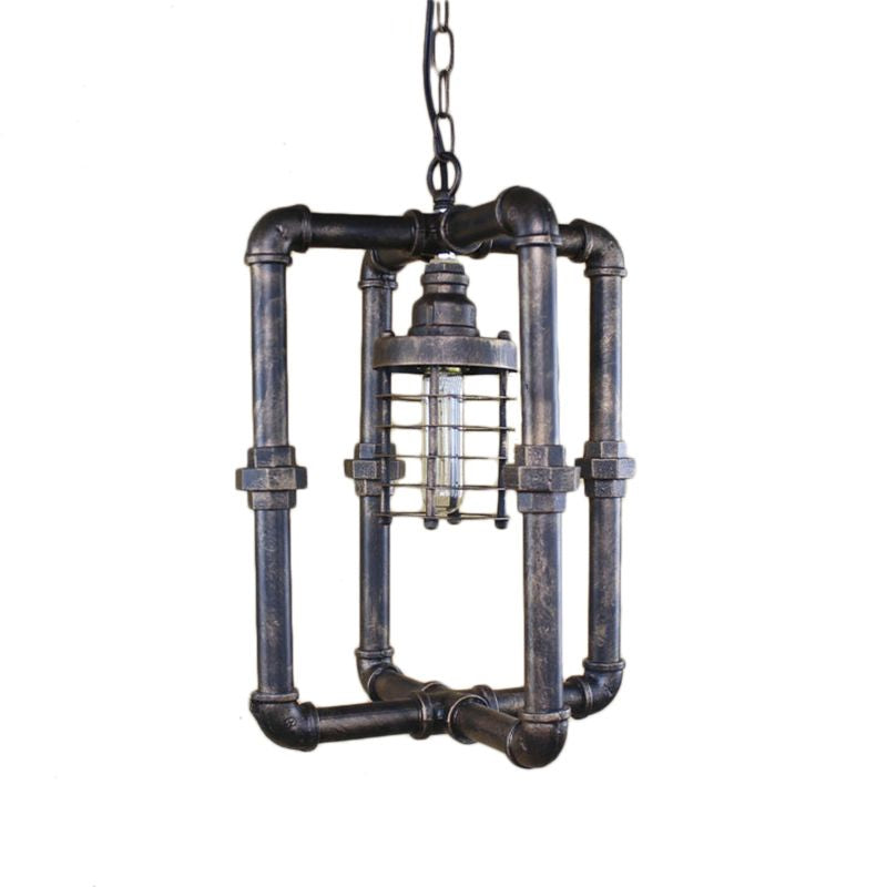 Rust Cylinder Cage Hanging Lighting Industrial Iron 1 Bulb Indoor Ceiling Light Fixture with Rectangular Pipe