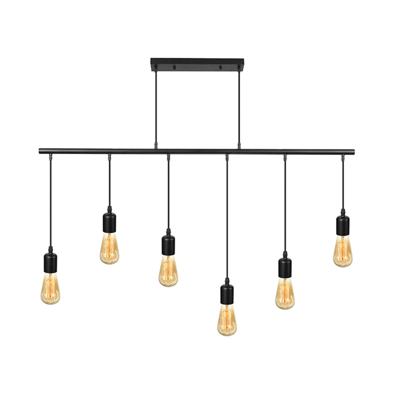 Multi Light Linear Island Ceiling Light with Open Bulb Vintage Industrial Black Metal Pendant Lighting