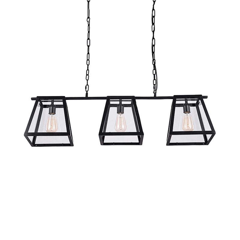 Black Pyramid Island Light Fixture Industrial Metal 3-Bulb Kitchen Hanging Lamp with Glass Panel