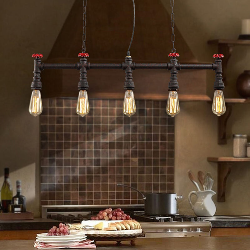 Iron Bare Bulb Island Lighting Industrial 5-Head Dining Room Adjustable Ceiling Light Fixture with Pipe and Valve